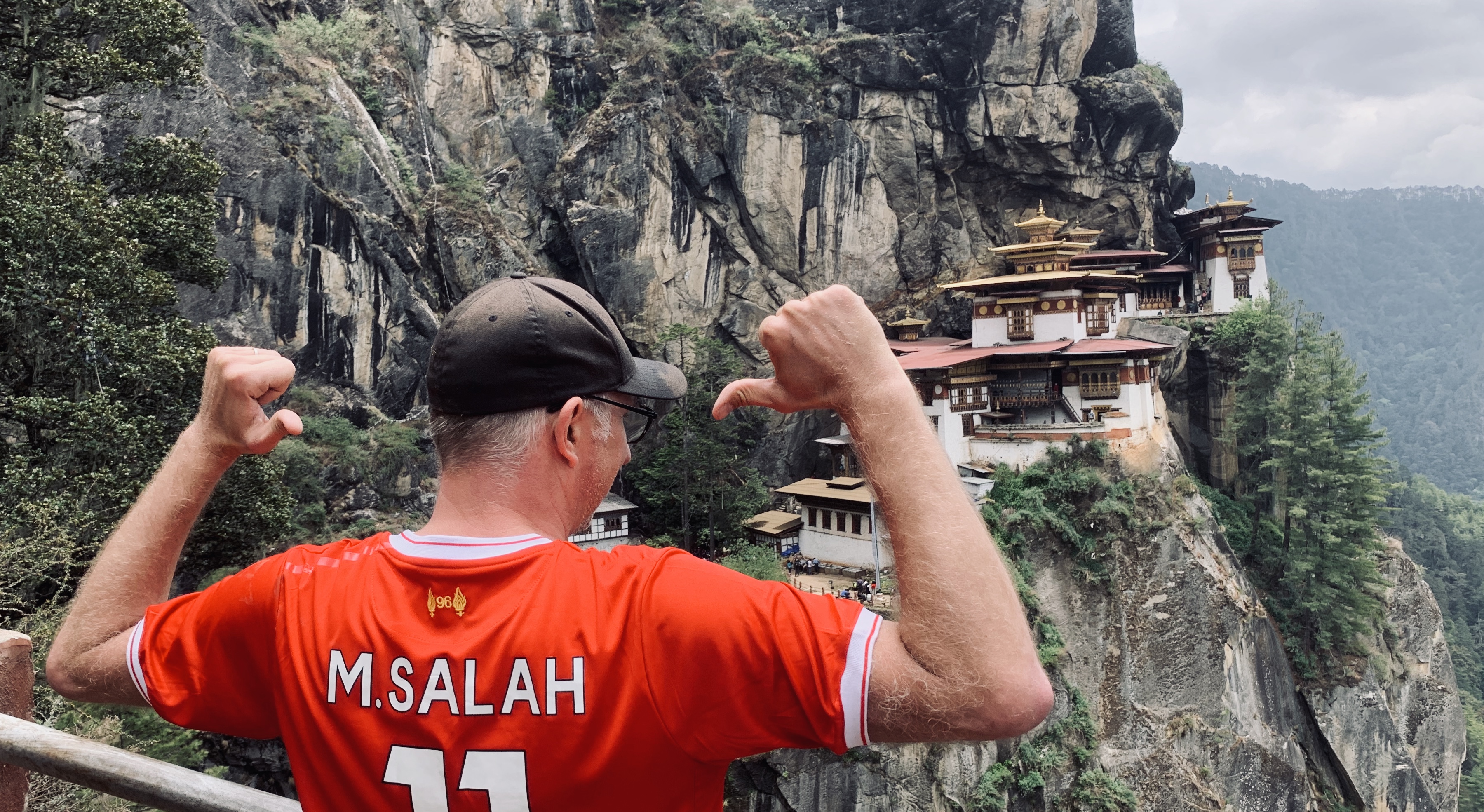 International Scouser — Stefan in Liverpool shirt at Tiger's Nest, Bhutan